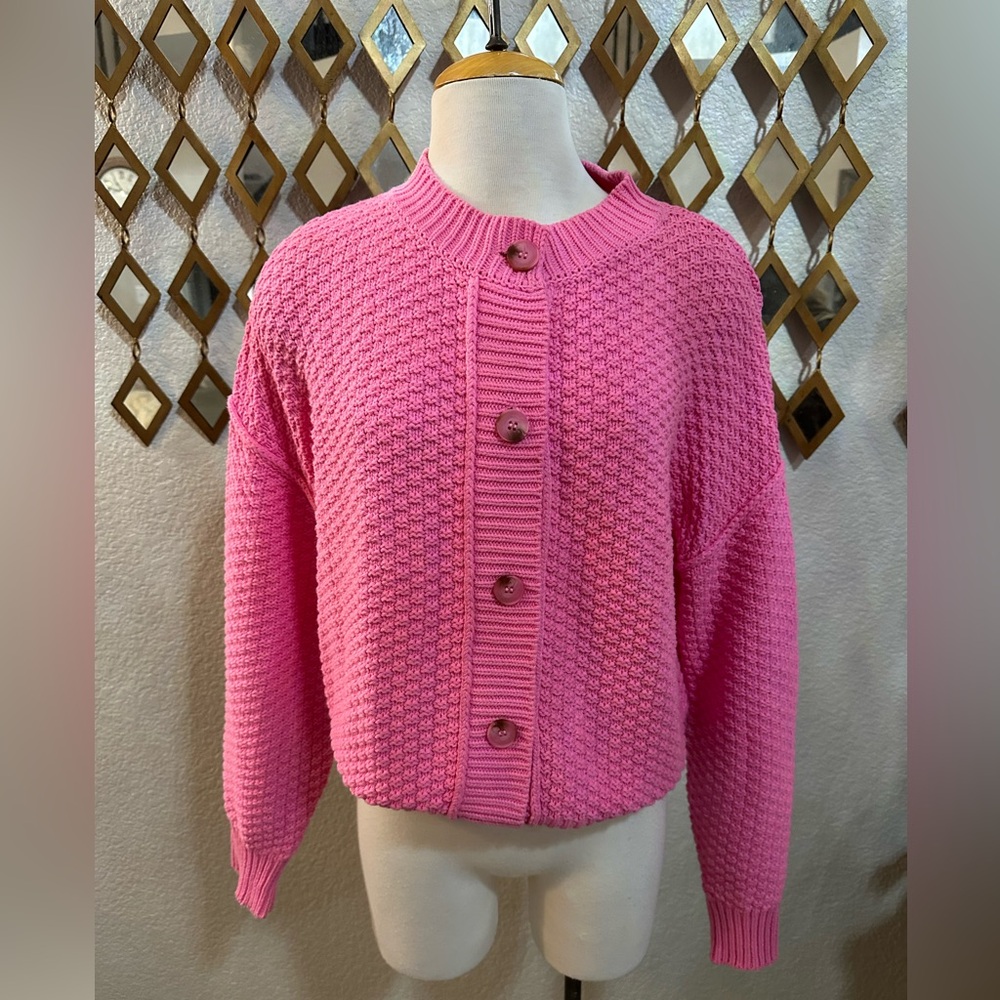 Miracle Oversized Pink Textured Button-Up Sweater